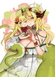 Rule 34 | 2girls, ;t, @ @, ahoge, blonde hair, blue eyes, blush, breasts, carrying, cheek-to-cheek, child, commentary, dress, english commentary, floral background, floral print, flower, flower wreath, hair between eyes, hair flower, hair ornament, heads together, highres, horns, lamia, large breasts, long hair, monster girl, mother and daughter, multiple girls, original, smile, terupancake, twitter username, very long hair, white dress, yellow eyes
