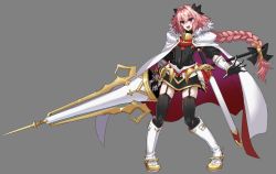 Rule 34 | 1boy, armor, astolfo (fate), boots, braid, braided ponytail, commentary request, fang, fate/apocrypha, fate (series), full body, grey background, hair between eyes, haoro, holding, holding lance, holding polearm, holding weapon, lance, long hair, multicolored hair, open mouth, pink hair, polearm, purple eyes, sheath, sheathed, simple background, skin fang, solo, standing, streaked hair, sword, thighhighs, tongue, trap, two-tone hair, weapon, white hair