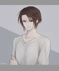Rule 34 | 1boy, blue eyes, brown hair, cropped torso, dated, final fantasy, final fantasy viii, grey background, hand on own arm, hiryuu (kana h), male focus, no gloves, no jacket, scar, scar on face, shirt, short hair, signature, simple background, solo, squall leonhart, upper body, v-neck, white shirt