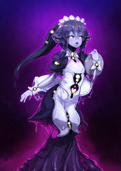 Rule 34 | 1girl, barbariank, colored sclera, colored skin, commentary, hair flaps, heart, highres, long hair, looking at viewer, maid, maid headdress, monster girl, monster girl encyclopedia, monster girl encyclopedia ii, open mouth, ponytail, puffy short sleeves, puffy sleeves, purple background, purple hair, purple sclera, purple skin, shoggoth (monster girl encyclopedia), short sleeves, slime girl, solo, transparent, tray, wrist cuffs, yellow eyes, aged down