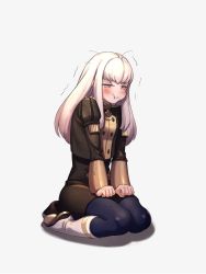 Rule 34 | &gt;:/, 1girl, blue pantyhose, blush, boots, breasts, clenched hand, dirty, dirty clothes, dirty face, fire emblem, fire emblem: three houses, full body, garreg mach monastery uniform, highres, long hair, long sleeves, lysithea von ordelia, messy hair, moyashi mou2, nintendo, pantyhose, pout, purple eyes, shadow, sidelocks, silver hair, simple background, sitting, skirt, small breasts, solo, trembling, wariza, white background, white footwear