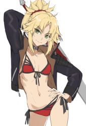 Rule 34 | 1girl, arm behind back, arm up, bikini, black jacket, blonde hair, braid, breasts, clarent (fate), closed mouth, collar, collarbone, fate/apocrypha, fate (series), french braid, green eyes, hair ornament, hair scrunchie, hand on own hip, highres, jacket, long hair, long sleeves, looking at viewer, model pose, mordred (fate), mordred (fate) (all), mordred (fate/apocrypha), mordred (swimsuit rider) (fate), mordred (swimsuit rider) (first ascension) (fate), navel, open clothes, open jacket, ponytail, red scrunchie, scrunchie, side-tie bikini bottom, sidelocks, simple background, small breasts, smile, solo, string bikini, swimsuit, sword, thighs, tonee, weapon, zipper pull tab