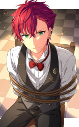 Rule 34 | 1boy, absurdres, black pants, black vest, bound, bound wrists, bow, bowtie, chair, ear piercing, earrings, formal, green eyes, helios rising heroes, highres, jewelry, looking at viewer, male focus, multiple earrings, on chair, otori akira, pants, piercing, red bow, red bowtie, red hair, rope, sekina, shirt, short hair, sitting, solo, tied to chair, vest, white shirt