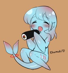 Rule 34 | 1girl, :d, = =, between legs, blue skin, blush, closed eyes, colored skin, fang, filet (kai himo), fins, fish tail, food, food request, full body, gills, head fins, holding, holding food, kai himo, long hair, looking at viewer, makizushi, monster girl, multicolored hair, no feet, no hands, open mouth, original, pink hair, sitting, smile, solo, sushi, tail, tail between legs