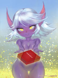Rule 34 | 1girl, blush, box, breasts, colored skin, gift, gift box, league of legends, looking at viewer, mayhem art, pointy ears, pussy, short hair, silver hair, smile, solo, tristana, valentine, yellow eyes, yordle