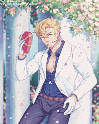 Rule 34 | 1boy, absurdres, alternate costume, bara, box, cross scar, curran (dragalia lost), dragalia lost, feet out of frame, flower in mouth, formal, gift, gift box, hair between eyes, heart-shaped box, highres, long sideburns, looking at viewer, male focus, mature male, mouth hold, pectoral cleavage, pectorals, petals, scar, scar on face, scar on forehead, short hair, sideburns, smile, solo, suit, toned, toned male, white day, white suit, yaekaidou