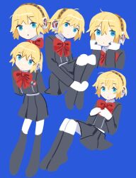 Rule 34 | 1girl, aegis (persona), arms behind back, black footwear, black shirt, black skirt, blonde hair, blue background, blue eyes, bow, bowtie, closed mouth, commentary, dot mouth, full body, headset, highres, looking at viewer, melkymelkii, multiple views, own hands together, persona, persona 3, red bow, red bowtie, robot girl, shirt, short hair, simple background, skirt, symbol-only commentary, upper body
