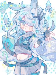 Rule 34 | 1girl, animal, animal ear fluff, animal ears, arknights, bandaid, bandaid on face, bandaid on nose, black gloves, black thighhighs, blue theme, blush stickers, book, candy, candy cane, crop top, fingerless gloves, food, frostnova (arknights), gloves, grey hair, grey shirt, grey skirt, hair over one eye, highres, holding, holding book, looking at viewer, midriff, navel, open book, parted lips, pixel art, pleated skirt, rabbit, rabbit ears, saucer (saucer752), shirt, short sleeves, skirt, solo, thighhighs, wide sleeves