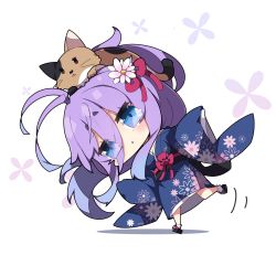 Rule 34 | 1girl, animal, animal on head, antenna hair, black footwear, blue eyes, blue hair, blue kimono, cat, chibi, commentary request, eyes visible through hair, floral background, floral print, flower, full body, fuyou-chan, gradient hair, hair flower, hair ornament, hair over one eye, highres, japanese clothes, kimono, long hair, long sleeves, milkpanda, multicolored hair, on head, original, parted lips, pink flower, print kimono, purple hair, sandals, shadow, short eyebrows, sleeves past fingers, sleeves past wrists, socks, solo, standing, standing on one leg, tabi, thick eyebrows, very long hair, white background, white flower, white socks, wide sleeves, zouri