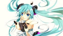 Rule 34 | 1girl, alternate eye color, aqua hair, blue eyes, bridal gauntlets, center opening, elbow gloves, eyebrows hidden by hair, foreshortening, gloves, hair between eyes, hatsune miku, hatsune miku (append), highres, long hair, marirero a, necktie, outstretched arm, reaching, reaching towards viewer, smile, solo, twintails, upper body, very long hair, vocaloid, vocaloid append