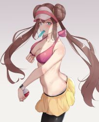 Rule 34 | 1girl, ass, blush, breasts, butt crack, cleavage, cleavage reach, creatures (company), food, game freak, green eyes, highres, irohakaede, nintendo, pantyhose, poke ball, pokemon, pokemon bw2, popsicle, rosa (pokemon), sexually suggestive, skirt, twintails