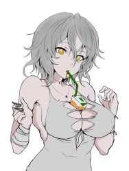 Rule 34 | 1girl, artist request, bare shoulders, breasts, code vein, grey hair, hair between eyes, io (code vein), jewelry, large breasts, necklace, short hair, solo, torn clothes, transparent background, upper body, yellow eyes