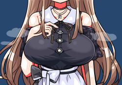 Rule 34 | 1girl, apron, bare shoulders, breast focus, breasts, choker, furen e lustario, head out of frame, jewelry, kanikama, large breasts, light brown hair, long hair, necklace, nijisanji, official alternate costume, solo, upper body, virtual youtuber, waist apron