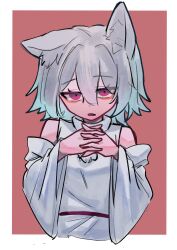 Rule 34 | 1girl, 9302w (user wjpg8475), animal ears, bare shoulders, border, cropped torso, highres, inubashiri momiji, looking at viewer, open mouth, own hands together, pink background, red eyes, shirt, solo, touhou, upper body, white border, white hair, white shirt, white sleeves, wolf ears, wolf girl