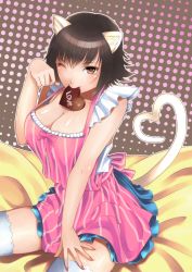 Rule 34 | 1girl, :&gt;, alternate breast size, alternate costume, alternate hair length, alternate hairstyle, animal ears, apron, bed sheet, black hair, breasts, brown eyes, candy, cat ears, cat tail, chocolate, chocolate heart, cleavage, food, heart, heart tail, highres, huge breasts, kemonomimi mode, miniskirt, mouth hold, nagase kei, nagasekei, nail polish, one eye closed, pai chan, paw pose, polka dot, polka dot background, short hair, sitting, skirt, solo, striped apron, striped clothes, tail, thighhighs, valentine, vertical-striped apron, vertical-striped clothes, virtua fighter, white thighhighs, wink, zettai ryouiki