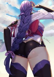 Rule 34 | 1girl, absurdres, ass, braid, breasts, bridal gauntlets, butt crack, from behind, from below, genshin impact, hair ornament, highres, huge ass, japanese clothes, kimono, long hair, low-braided long hair, low-tied long hair, mitsudomoe (shape), nyah, purple hair, raiden shogun, shiny clothes, shiny skin, short kimono, short shorts, shorts, sideboob, single braid, solo, thighhighs, thighs, tomoe (symbol), very long hair