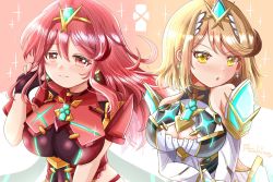 Rule 34 | 2girls, alternate hair length, alternate hairstyle, amahime kaichou, blonde hair, breasts, chest jewel, cleavage, cleavage cutout, clothing cutout, dress, highres, large breasts, multiple girls, mythra (xenoblade), pyra (xenoblade), red eyes, red hair, short dress, short hair, swept bangs, white dress, xenoblade chronicles (series), xenoblade chronicles 2, yellow eyes