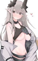 Rule 34 | 1girl, absurdres, areola slip, arknights, black choker, black gloves, black horns, blush, breasts, choker, closed mouth, collarbone, commentary request, crop top, gloves, grey hair, grey jacket, heart, highres, horns, jacket, large breasts, long hair, long sleeves, looking at viewer, mudrock (arknights), navel, nui (nuinui0300), pointy ears, red eyes, simple background, solo, stomach, sweat, sweatdrop, white background