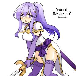 Rule 34 | 1girl, alternate costume, alternate hairstyle, armor, breasts, circlet, english text, fire emblem, fire emblem: genealogy of the holy war, holding, holding sword, holding weapon, julia (fire emblem), long hair, medium breasts, nintendo, open mouth, pauldrons, ponytail, purple eyes, purple hair, shoulder armor, simple background, solo, sword, thighhighs, thighs, weapon, yukia (firstaid0)