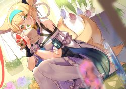 Rule 34 | 1girl, animal ears, arknights, blonde hair, bouquet, braided hair rings, dress, flower, fox ears, fox tail, gloves, green eyes, greenhouse, hair rings, hairband, infection monitor (arknights), jinbei (user tpny4757), multiple tails, pantyhose, single glove, smile, solo, squatting, suzuran (arknights), tail, white pantyhose