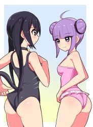 Rule 34 | 2girls, adjusting clothes, adjusting swimsuit, ahoge, ass, bare shoulders, black collar, black hair, black one-piece swimsuit, blush, breasts, brown eyes, casual one-piece swimsuit, cat tail, collar, cougar (cougar1404), cowboy shot, double bun, eyes visible through hair, frilled one-piece swimsuit, frilled swimsuit, frills, from behind, gradient background, hair bun, k-on!, leotard, long hair, looking at viewer, looking back, multiple girls, nakano azusa, one-piece swimsuit, pink one-piece swimsuit, purple eyes, purple hair, shiny clothes, shiny skin, short hair, sideboob, simple background, smile, sophie (tales), swimsuit, tail, tales of (series), tales of graces, twintails, very long hair, wedgie