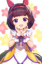 Rule 34 | 1girl, :d, animal ears, bad id, bad pixiv id, blush, brown hair, commentary request, dress, floral background, hair ornament, hairband, hairclip, hands up, highres, horse ears, horse girl, horse tail, looking at viewer, meyamu, nishino flower (umamusume), open mouth, purple eyes, red hairband, sleeveless, sleeveless dress, smile, solo, tail, twitter username, umamusume, white background, wrist cuffs, x hair ornament, yellow dress
