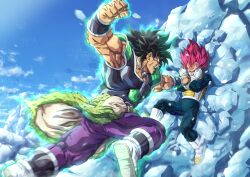 Rule 34 | 2boys, absurdres, angry, arm up, armor, aura, battle, biceps, black hair, blocking, blue bodysuit, blue sky, bodysuit, boots, bracer, broly (dragon ball super), cape, charging forward, clenched teeth, cloud, commentary request, day, dragon ball, dragon ball super, dragon ball super broly, full body, fur cape, gloves, green cape, hands up, highres, ice, looking at another, male focus, mocky art, multiple boys, muscular, muscular male, open mouth, outdoors, pants, pectoral cleavage, pectorals, profile, punching, purple pants, raised fist, red eyes, red hair, saiyan armor, sky, spiked hair, super saiyan, super saiyan god, teeth, v-shaped eyebrows, vegeta, waist cape, white footwear, white gloves