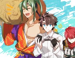 Rule 34 | 3boys, basket, belt, black coat, black hair, blue background, blue eyes, carrying over shoulder, closed eyes, coat, collarbone, dated, eating, fate/grand order, fate (series), food, food on face, fujimaru ritsuka (male), fuuma kotarou (fate), green hair, hair over one eye, holding, holding food, japanese clothes, kimono, long hair, long sleeves, male focus, minazaka, multiple boys, off shoulder, onigiri, pectorals, popped collar, red eyes, red hair, red scarf, rice, rice on face, sash, scar, scarf, short hair, sidelocks, signature, simple background, smile, tawara touta (fate), wide sleeves