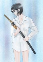 Rule 34 | 1girl, black hair, bottomless, breast pocket, dress shirt, katana, miyuki ao, nijyuurasen, one piece, pocket, shirt, short hair, sword, tashigi, weapon