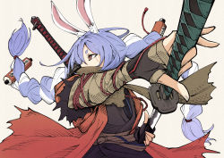 Rule 34 | 1girl, animal ears, arm wrap, black gloves, black kimono, blue hair, bob-the-bison, braid, commentary, cosplay, covered mouth, drawing sword, fingerless gloves, floating hair, gloves, hair between eyes, haori, highres, holding, holding sword, holding weapon, hololive, japanese clothes, katana, kimono, light blue hair, long hair, multicolored hair, rabbit ears, red eyes, rope, scabbard, scar, scar across eye, scar on face, scroll, scroll hair ornament, sekiro, sekiro: shadows die twice, sekiro (cosplay), sheath, simple background, solo, sword, thick eyebrows, torn clothes, twin braids, twintails, two-tone hair, upper body, usada pekora, virtual youtuber, weapon, white hair, yellow background