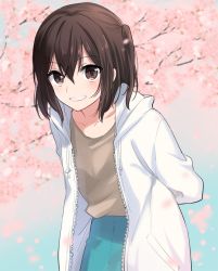 Rule 34 | 1girl, arms behind back, blue skirt, blush, brown eyes, brown shirt, cherry blossoms, coat, commentary request, grin, hair between eyes, ica, kantai collection, leaning forward, long sleeves, looking at viewer, open clothes, open coat, sendai (kancolle), shirt, short hair, skirt, smile, solo, tree, two side up