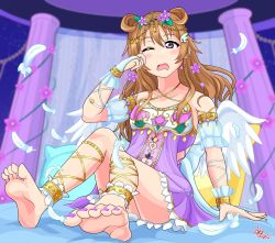 Rule 34 | 1girl, absurdres, angel&#039;s lullaby (love live!), angel wings, arm garter, artist name, artist request, bad anatomy, bare legs, bare shoulders, barefoot, bed, blue sky, blush, bow, bracelet, breasts, brown hair, cloud, cloud hair ornament, collarbone, criss-cross halter, double bun, dress, feathers, feet, female focus, flower, full body, hair between eyes, hair bun, hair flower, hair ornament, hair rings, halterneck, highres, jewelry, konoe kanata, leaf hair ornament, long hair, looking at viewer, love live!, love live! nijigasaki high school idol club, love live! school idol festival, love live! school idol festival all stars, miniskirt, nail polish, night, night sky, on bed, one eye closed, outdoors, parted lips, plaid, plaid dress, plaid skirt, pleated, pleated dress, pleated skirt, purple bow, purple dress, purple eyes, purple skirt, ribbon-trimmed legwear, ribbon trim, sitting, skirt, sky, small breasts, smile, solo, star (sky), tiara, tired, toenail polish, toenails, white feathers, white wings, wing hair ornament, wings