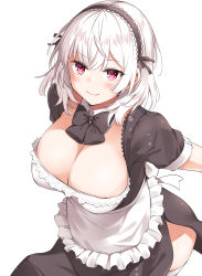 Rule 34 | 1girl, apron, arms behind back, black bow, black bowtie, black dress, black hairband, blush, bow, bowtie, breasts, cleavage, cowboy shot, detached collar, dress, frilled apron, frilled hairband, frills, hairband, highres, large breasts, looking at viewer, maid, medium hair, original, pink eyes, short sleeves, side slit, sidelocks, simple background, smile, solo, standing, thighhighs, waist apron, white apron, white hair, white thighhighs, wing (aiastor)