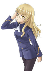 Rule 34 | 1girl, adjusting hair, bad id, bad pixiv id, blonde hair, boko (maniacpurple), glasses, komakedara, long hair, military, military uniform, pantyhose, perrine h. clostermann, simple background, solo, strike witches, uniform, world witches series, yellow eyes