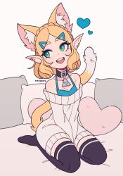 Rule 34 | 1girl, absurdres, animal ear fluff, animal ears, blonde hair, cat ears, cat girl, cat tail, cremanata, ear piercing, heart, heart-shaped pillow, highres, jewelry, looking at viewer, necklace, nintendo, open mouth, piercing, pillow, pointy ears, princess zelda, short hair, solo, sweater, tail, tank top, the legend of zelda, the legend of zelda: breath of the wild, the legend of zelda: tears of the kingdom, thighhighs, triforce