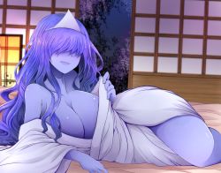 Rule 34 | 1girl, arano oki, bare shoulders, blue hair, blue skin, breasts, cherry blossoms, cleavage, collarbone, colored skin, ghost, hair over eyes, huge breasts, japanese clothes, kimono, long hair, long sleeves, looking at viewer, lying, off shoulder, okiku (banchou sarayashiki), on side, parted lips, purple hair, purple skin, sidelocks, sliding doors, smile, solo, touhou, triangular headpiece, very long hair, wide sleeves