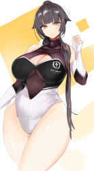 Rule 34 | 1girl, absurdres, alternate costume, azur lane, bad id, bad twitter id, bare shoulders, black hair, breasts, bridal gauntlets, cleavage, cleavage cutout, clothing cutout, cowboy shot, curvy, detached sleeves, hair flaps, hair ribbon, hanasaka houcha, high collar, high ponytail, highres, large breasts, leotard, long hair, looking at viewer, multicolored leotard, ponytail, race queen, ribbon, takao (azur lane), takao (full throttle charmer) (azur lane), thick thighs, thighs, underboob cutout, white ribbon, wide hips