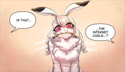 Rule 34 | 1girl, absurdres, animal ears, blush, rabbit ears, cable, english text, ermao wu, highres, looking at viewer, merryweather, original, pink eyes, rabbit girl, smile, solo, teeth, white hair