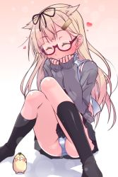 Rule 34 | 10s, 1girl, bespectacled, black ribbon, black socks, blonde hair, blush, clenched hands, closed eyes, cushion, glasses, gradient background, gradient hair, hair between eyes, hair flaps, hair ribbon, k10k, kantai collection, light particles, long hair, miniskirt, multicolored hair, panties, pleated skirt, red hair, ribbon, scarf, school uniform, semi-rimless eyewear, sitting, skirt, sleeves past wrists, smile, socks, solo, striped clothes, striped panties, sweater, the yuudachi-like creature, thighs, underwear, white scarf, yuudachi (kancolle)