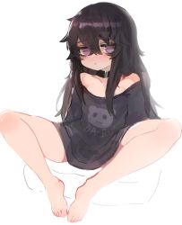 Rule 34 | 1girl, :o, animal print, bad id, bad pixiv id, barefoot, bear print, black collar, black hair, black shirt, blush, clothes writing, collar, collarbone, commentary, dokomon, english commentary, full body, hair between eyes, long hair, long sleeves, looking at viewer, off-shoulder shirt, off shoulder, original, parted lips, print shirt, purple eyes, shirt, simple background, solo, spread legs, toenails, very long hair, white background