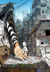 Rule 34 | 1girl, air conditioner, artist name, bag, broken window, building, city, demizu posuka, giant, looking to the side, muted color, original, plant, ponytail, potted plant, power lines, scenery, school bag, shorts, sign, silver hair, size difference, sketch, sky, stairs