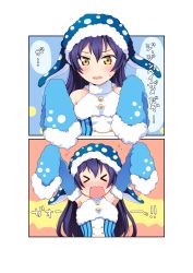 Rule 34 | &gt; &lt;, 1girl, 2koma, absurdres, animal costume, animal ears, arms up, blue hair, blush, comic, detached sleeves, hat, highres, long hair, long sleeves, looking at viewer, love live!, love live! school idol festival, love live! school idol project, misoradeko, open mouth, polka dot, simple background, solo, sonoda umi, text focus, whale shark, yellow eyes
