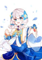Rule 34 | 1girl, :d, armpits, bare shoulders, blue dress, blue eyes, blue flower, dress, flower, hair between eyes, hair flower, hair ornament, highres, honkai (series), honkai impact 3rd, looking at viewer, open mouth, outstretched arm, petals, senin liku, simple background, smile, solo, theresa apocalypse, twintails, white background, white hair
