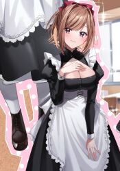 Rule 34 | 1girl, apron, black dress, blush, breasts, brown hair, chigusa minori, cleavage, clothing cutout, commentary request, dress, frilled apron, frills, hand on own chest, head tilt, jitsuha imouto deshita., large breasts, long dress, long sleeves, looking at viewer, maid, pantyhose, projected inset, purple eyes, second-party source, sidelocks, simple background, smile, solo, swept bangs, ueda hinata, white footwear, white pantyhose