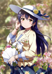 Rule 34 | 1girl, blue hair, blurry, blush, bouquet, bow, bracelet, character name, choker, depth of field, earrings, flower, hair ornament, hairclip, happy birthday, hat, highres, jewelry, long hair, love live!, love live! school idol festival, love live! school idol project, necklace, shiimai, smile, solo, sonoda umi, white hat, yellow eyes