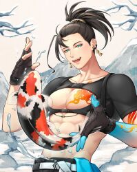 Rule 34 | 1boy, abs, arm tattoo, black hair, blue skin, chest tattoo, colored skin, earrings, fangs, fingerless gloves, fish, gloves, green eyes, half-closed eyes, high ponytail, highres, holostars, holostars english, jewelry, josuiji shinri, koi, large pectorals, long hair, male focus, muscular, muscular male, open mouth, pectorals, simple background, slw2 07, smile, solo, standing, tassel, tassel earrings, tattoo, tree, upper body, virtual youtuber, water