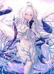 Rule 34 | 1girl, absurdres, ahoge, bodystocking, covered navel, fate/grand order, fate (series), gloves, hair between eyes, hair intakes, hair ribbon, highres, holding, holding staff, lady avalon (fate), lady avalon (third ascension) (fate), long hair, merlin (fate/prototype), pink hair, ribbon, smile, solo, staff, very long hair, white hair, yagi (yagi5art)