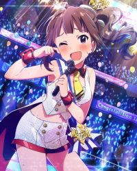 Rule 34 | 10s, 1girl, ;d, anniversary, artist request, audience, brown hair, card (medium), crying, diffraction spikes, glowstick, idolmaster, idolmaster million live!, microphone, million dreams (idolmaster), musical note, official art, one eye closed, open mouth, purple eyes, signature, smile, tears, wink, wiping tears, yokoyama nao