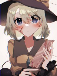 Rule 34 | 1girl, black hat, blood, blood on face, bloody knife, blouse, blue eyes, blue gemstone, blush, bow, chromatic aberration, collarbone, crying, frilled sleeves, frills, gem, green hair, hat, hat bow, highres, holding, holding knife, knife, komeiji koishi, long sleeves, looking at viewer, open mouth, parted lips, shirt, short hair, simple background, solo, string, tears, third eye, touhou, tsuyuji shigure, upper body, white background, yellow bow, yellow shirt