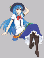 Rule 34 | 1girl, black footwear, blue hair, blue skirt, boots, bow, bowtie, commentary, cross-laced clothes, frilled skirt, frills, full body, grey background, highres, hinanawi tenshi, kakone, leaf, long hair, looking at viewer, peach hat ornament, rainbow order, red bow, red bowtie, red eyes, shirt, short sleeves, simple background, skirt, smile, solo, touhou, white shirt
